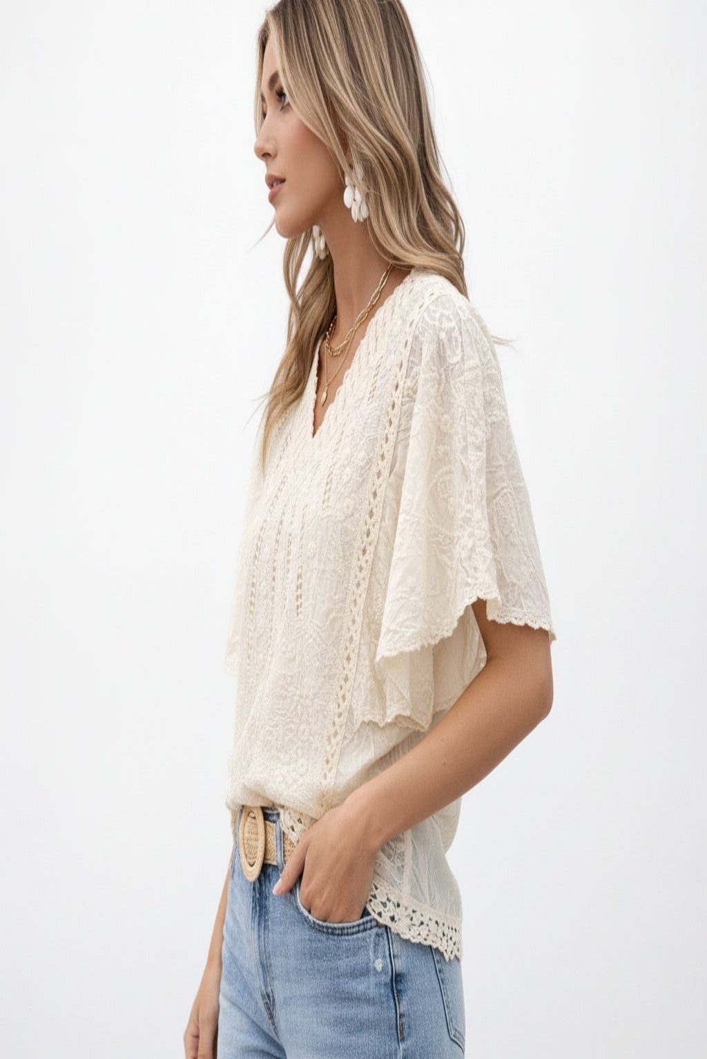 Scalloped Lace Hem dressy top | White cotton Tunic