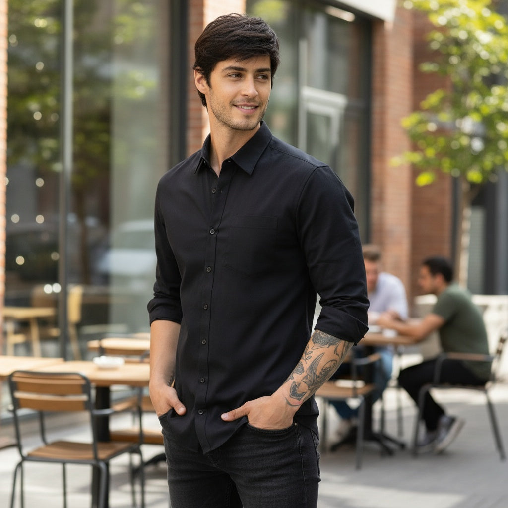 Men's Solid Black Color Long Sleeve Shirt