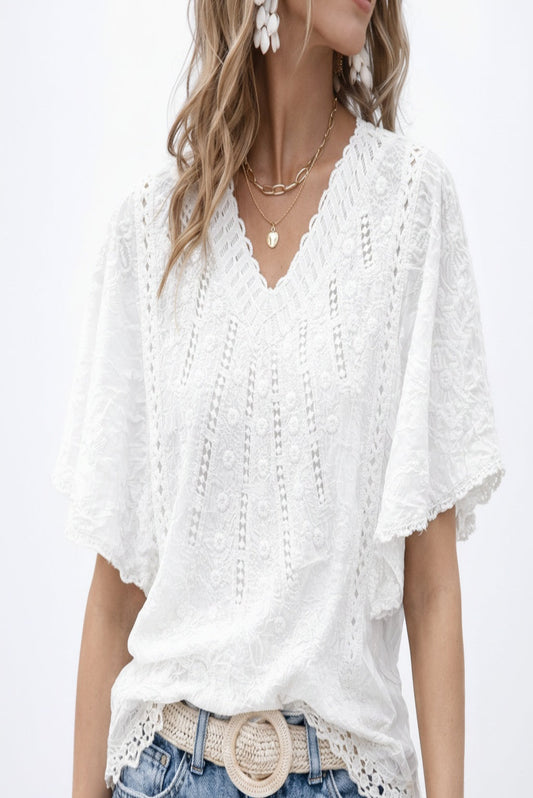 Scalloped Lace Hem dressy top | White cotton Tunic