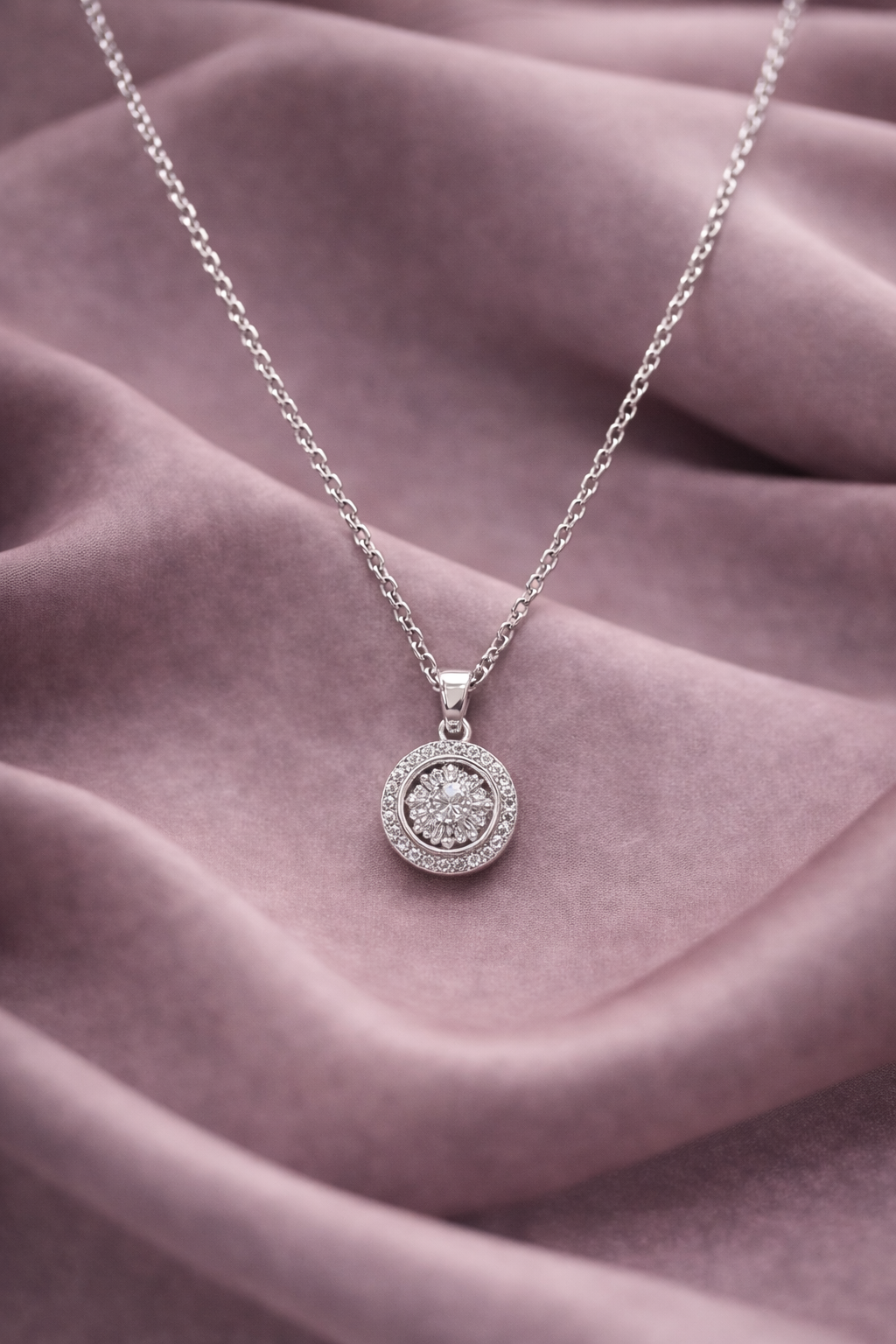 Gleaming Diamond Silver Round Pendent Necklace