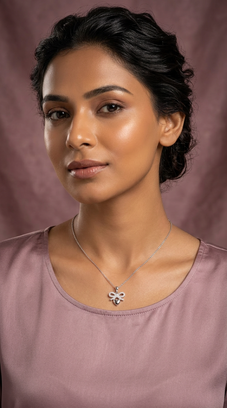 Gleaming Bow with Heart Silver Pendant Necklace