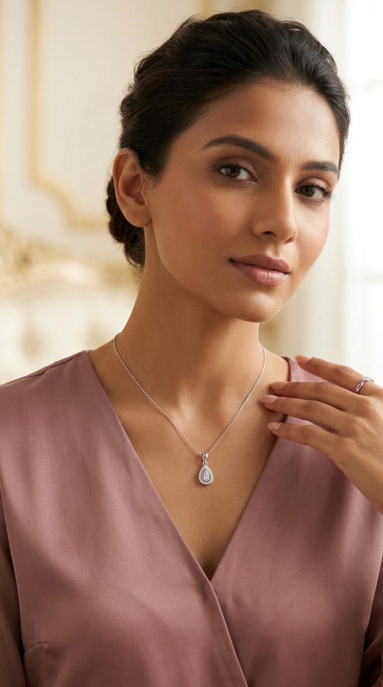 Gleaming Diamond Silver Pendent Necklace