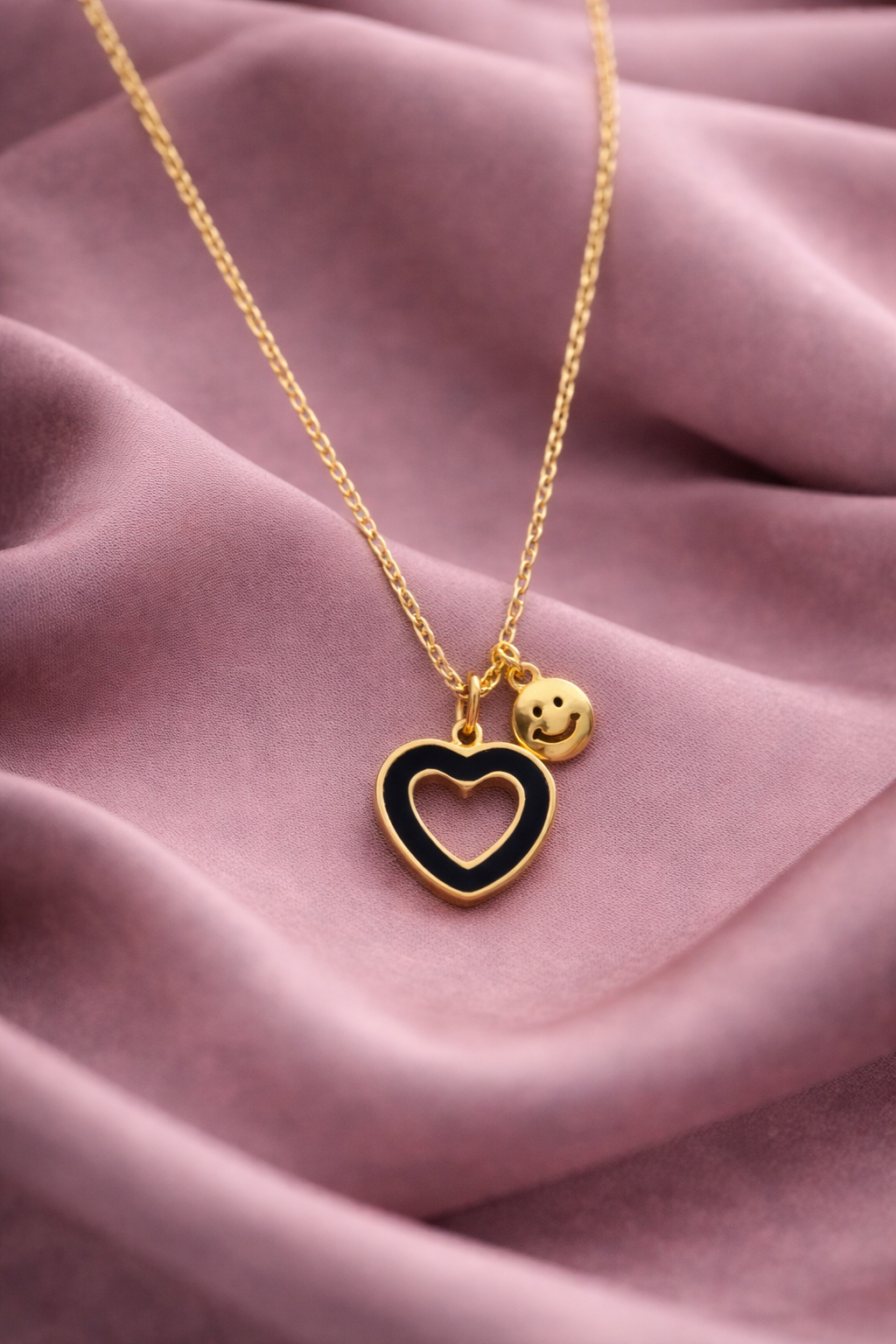 Heart and Smiley face Pendant Gold Necklace
