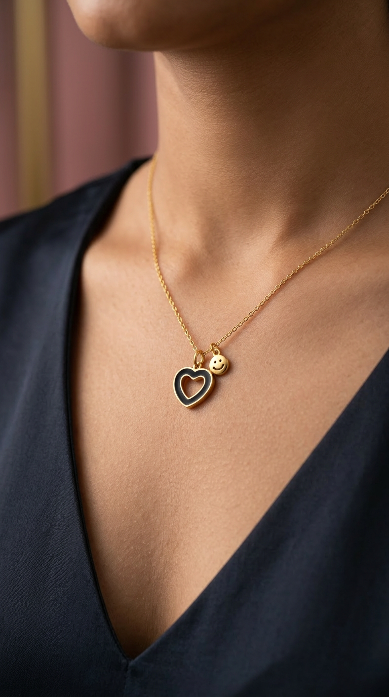 Heart and Smiley face Pendant Gold Necklace