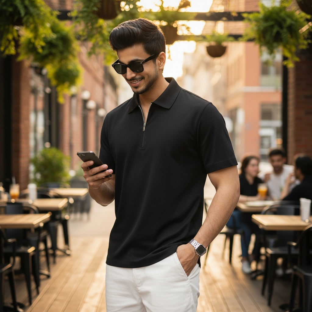 Men's Casual Slim fit Zip-up short sleeves Polo shirt