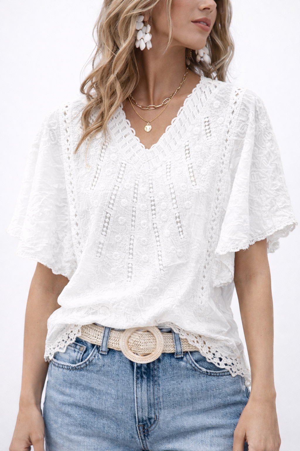 Scalloped Lace Hem dressy top | White cotton Tunic