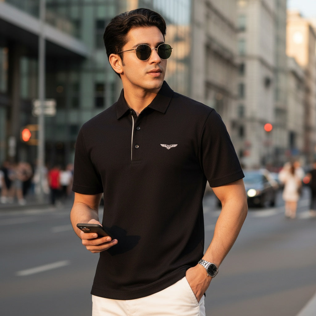 Men's Casual short sleeves Black seamless stitch Polo shirt