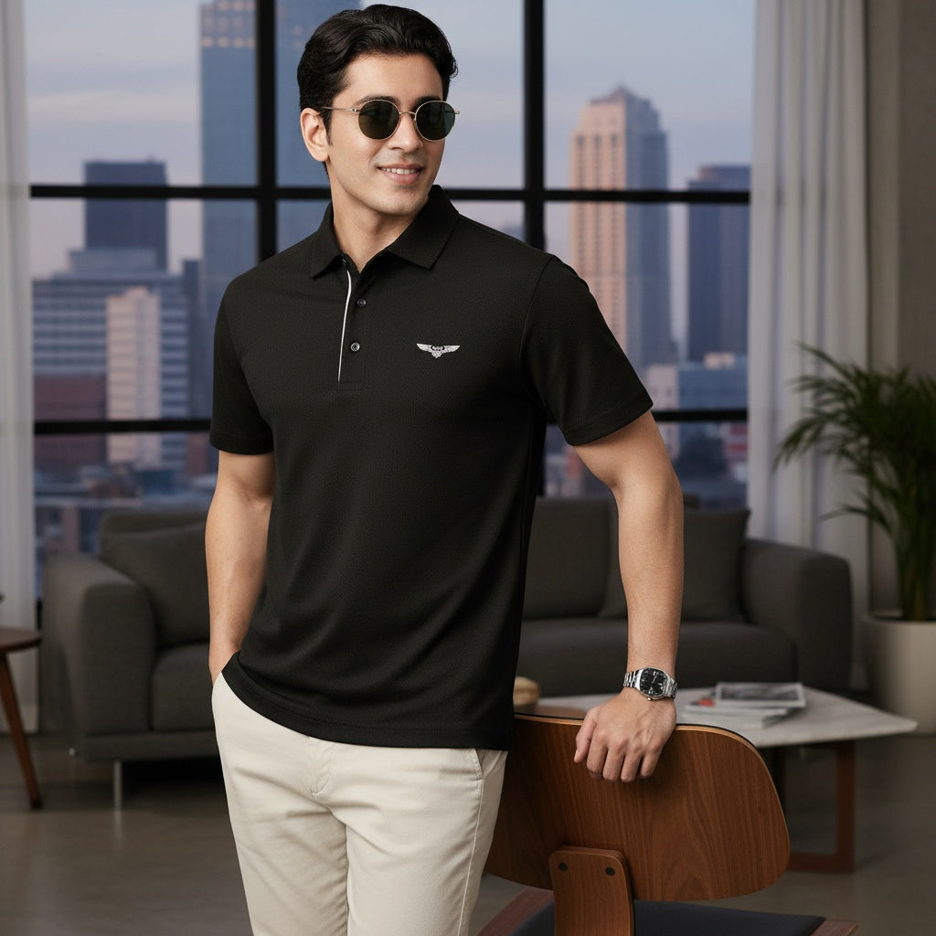 Men's Casual short sleeves Black seamless stitch Polo shirt