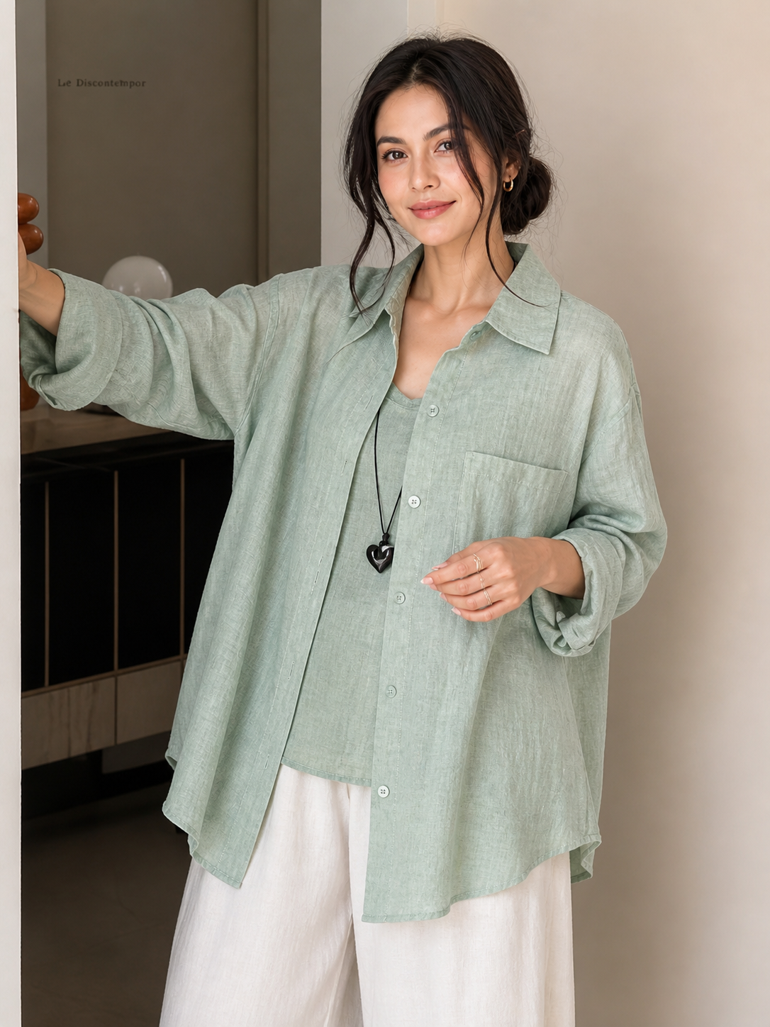 Olive Green Linen-Blend Women's shirt