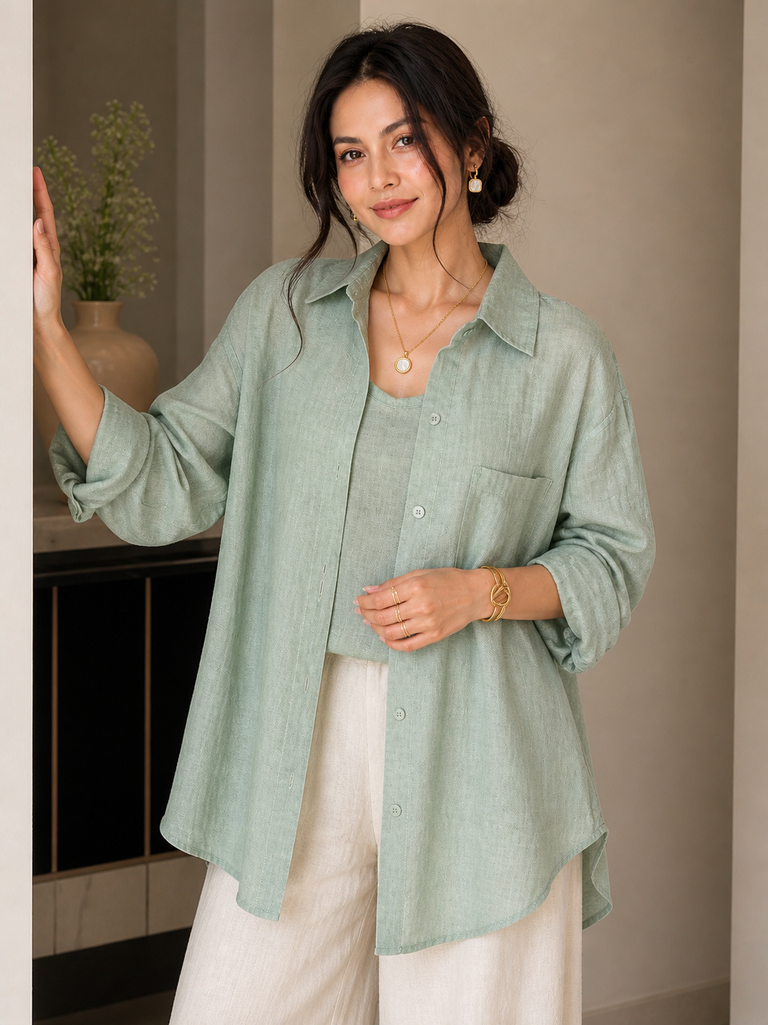 Olive Green Linen-Blend Women's shirt