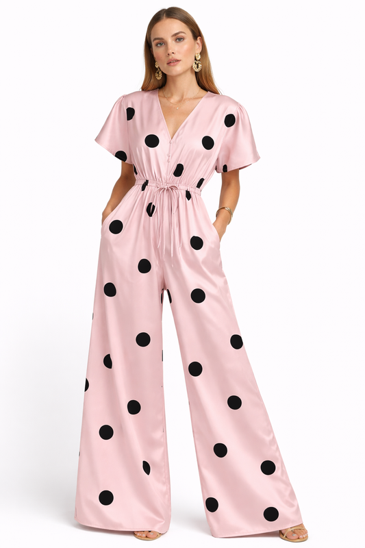 Pink jumpsuit with black polka dots 
