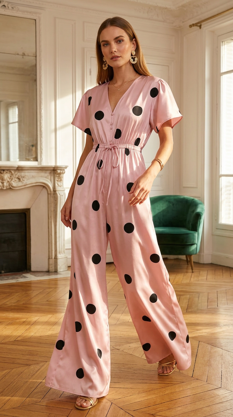 Woman wearing a pink polka dot jumpsuit