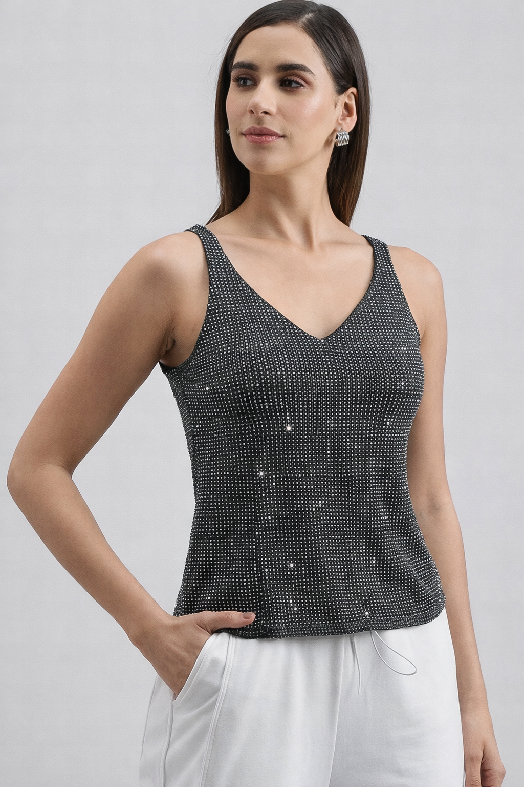 Women's elegant Sparkly sequin Embellished sleeveless black top