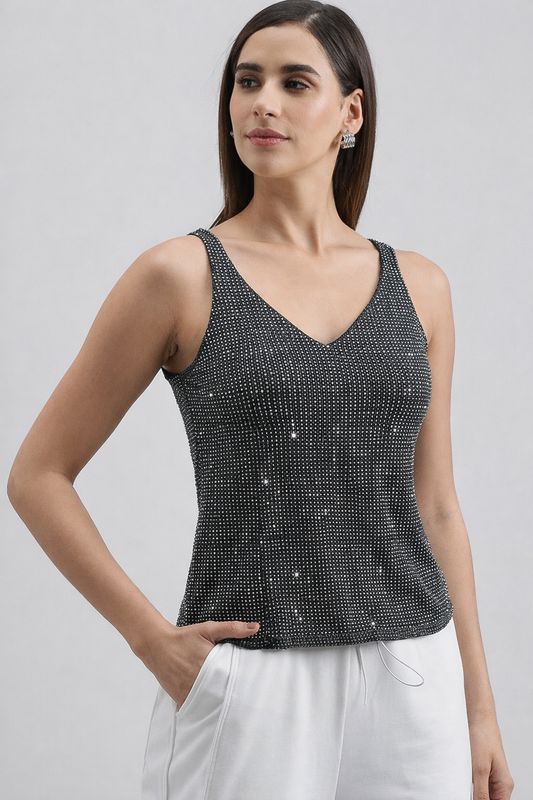 Women's elegant Sparkly sequin Embellished sleeveless black top