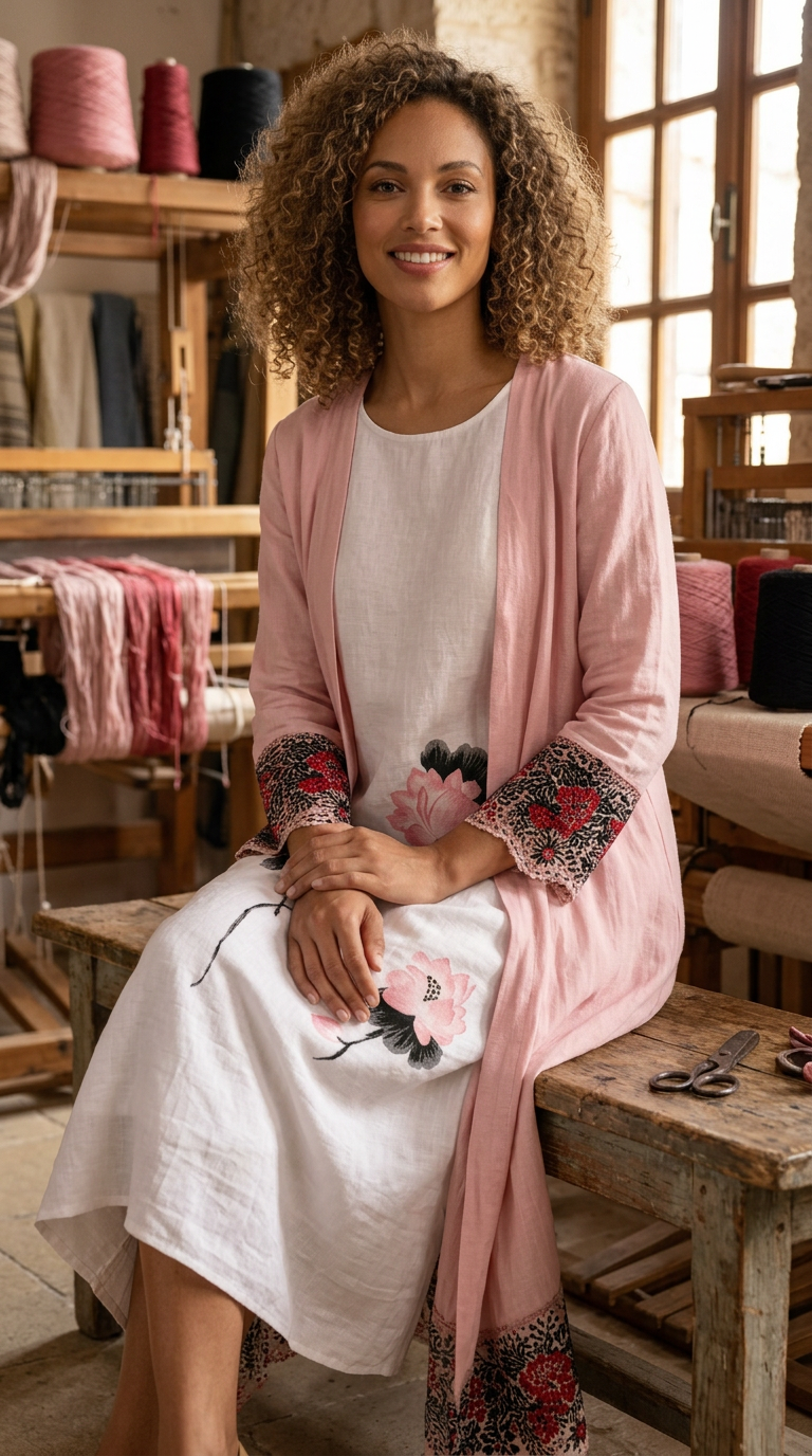 White Dress with Pink cardigan with floral cuffs 