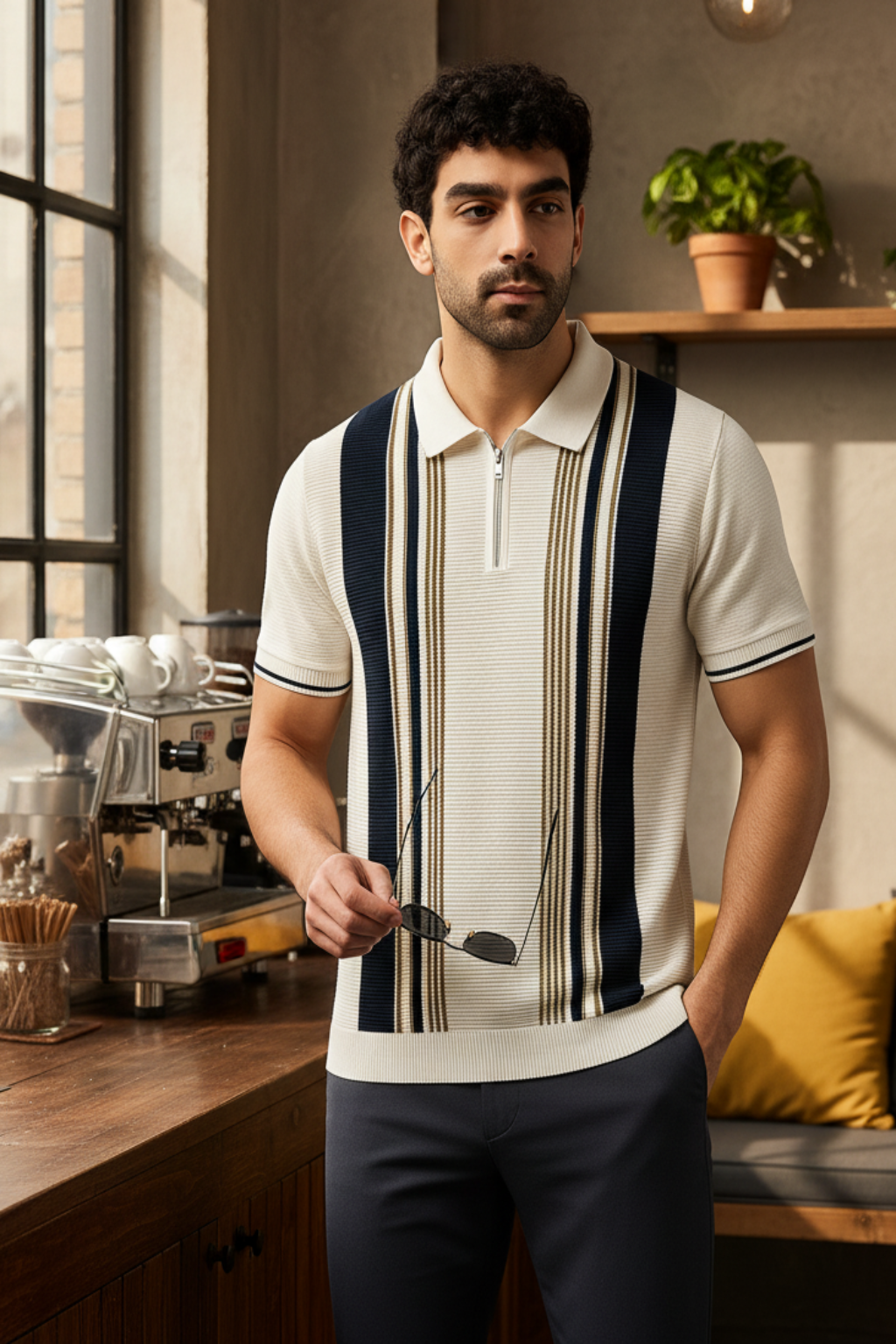 White with Blue Green Stripe Polo Shirts