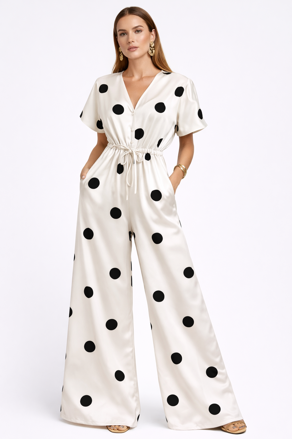 White jumpsuit with black polka dots 