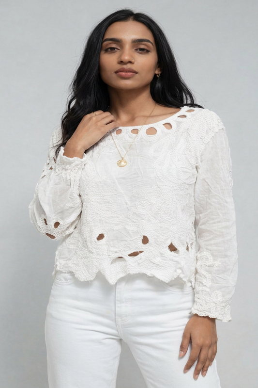  Women's White soft Linen Crop Top Round Neck