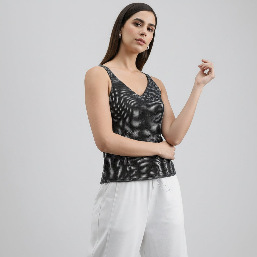 Women's elegant Sparkly sequin Embellished sleeveless black top