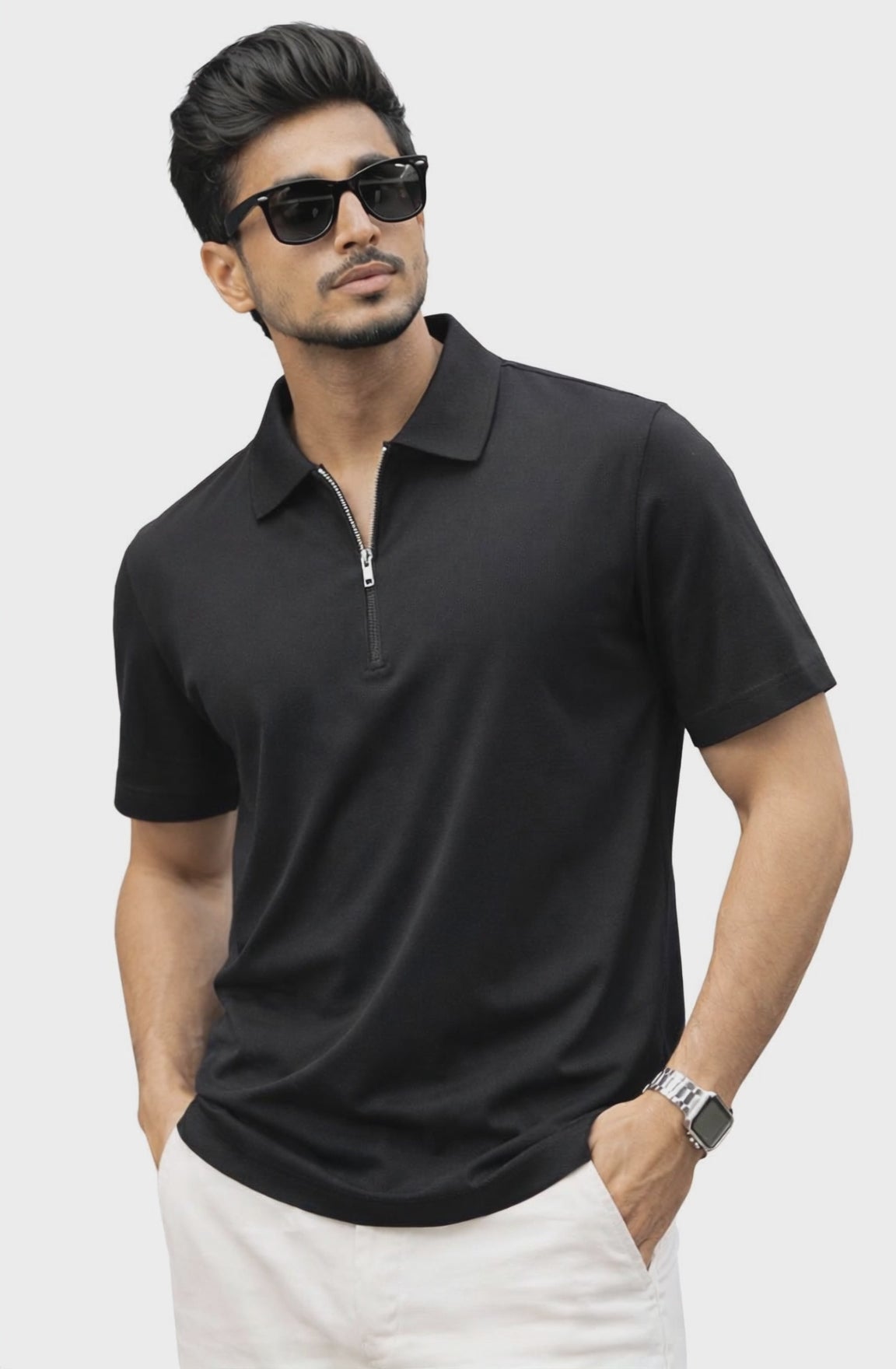 Men's Casual Slim fit Zip-up short sleeves Polo shirt