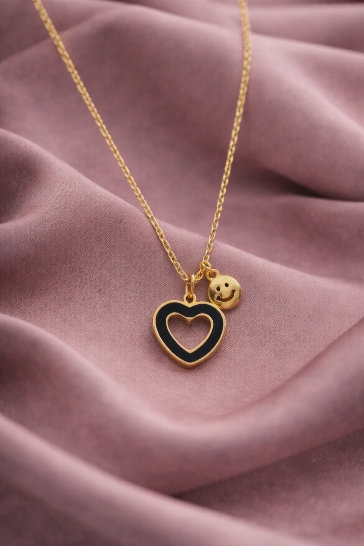 Heart and Smiley face Pendant Gold Necklace